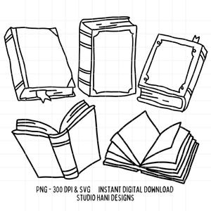 Books SVG PNG Bundle Open Book Thick Book Doodle Black and White Outline Clipart Cut File Silhouette Commercial Use Digital Download