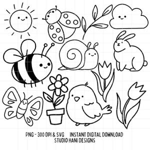Kawaii Frühling SVG PNG Bundles Doodles Schwarzweiß Umriss Kommerzielle Nutzung Digitale Downloads Niedliche trendige Bienen Schnecke Bunny Bug Schmetterling