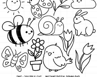 Paquete de SVG PNG de primavera kawaii con garabatos en blanco y negro, contornos, uso comercial, descargas digitales, lindos, modernos, abejas, caracoles, conejitos, insectos, mariposas
