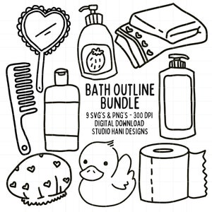 Bad SVG PNG bundel Doodle Bubble Shampoo kam spiegel zeep handdoek douche toilet schattig zwart witte omtrek clipart gesneden bestand commercieel digitaal