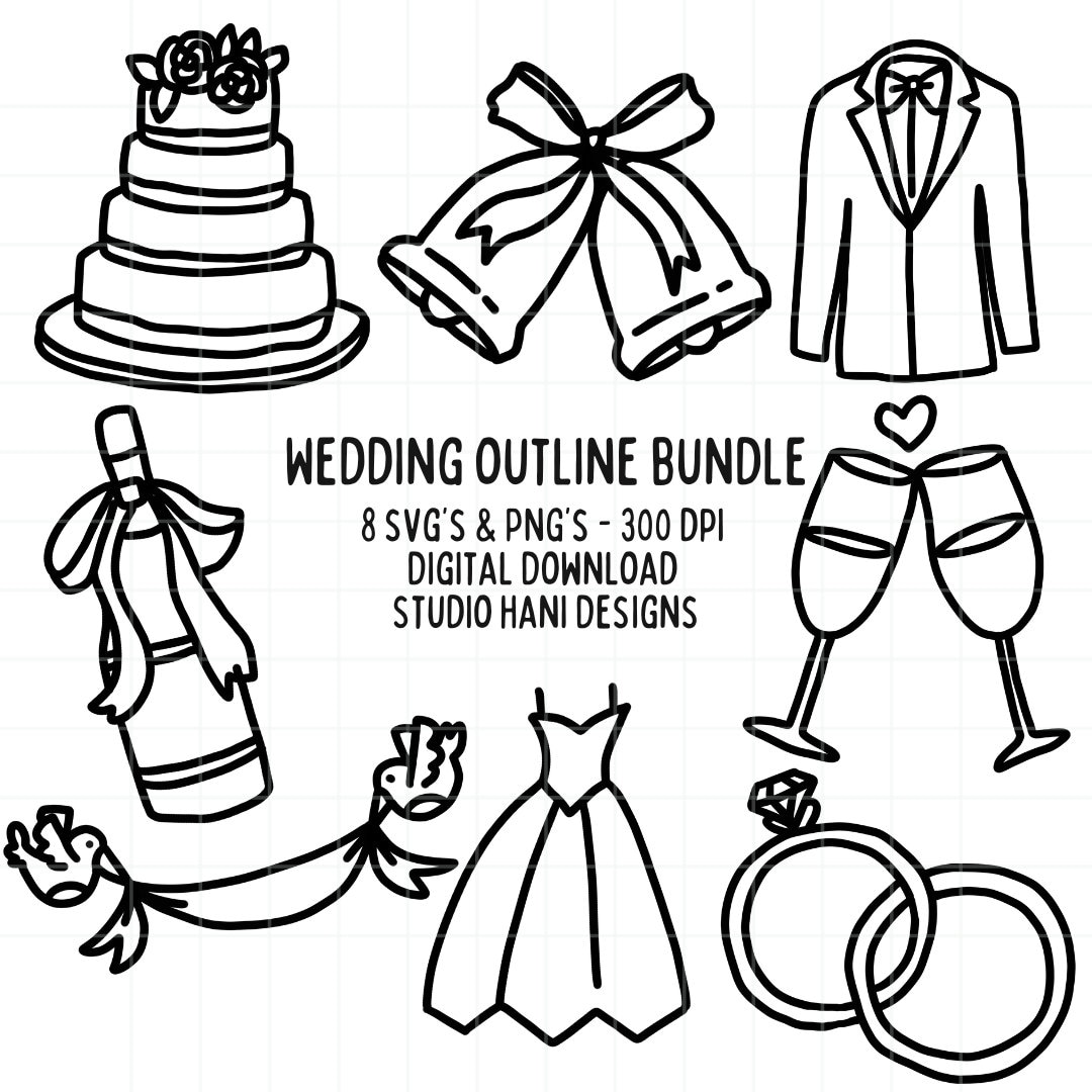 Wedding SVG PNG Bundle Doodle Black White Outline Clipart Laser Cut ...