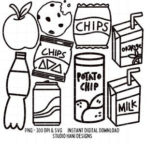 Snacks SVG PNG School Snack Food Cafeteria Chips Cut File Cricut Silhouette Black and White Doodle Outline Digital Download Commercial