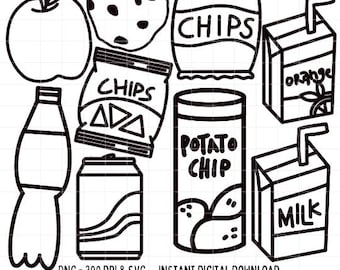 Snacks SVG PNG School Snack Food Cafeteria Chips Cut File Cricut Silhouette Black and White Doodle Outline Digital Download Commercial