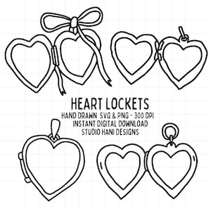 Heart Lockets SVG PNG Bundle Doodle Locket Valentine Hand Drawn Black and White Outline Clipart Cut File Commercial Use Digital Download
