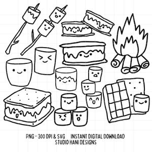 Smores SVG PNG Bundle Marshmallow Outline Bianco e Nero Clipart File di Taglio Cricut Silhouette Kawaii Carino Cioccolato Campeggio Trendy Digitale