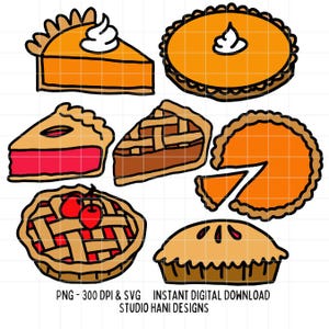 Pies SVG PNG Bundle Doodles Thanksgiving Dinner Fall Autumn Pumpkin Pie Cherry Meringue Pastry Dessert Cut File Commercial Use Digital