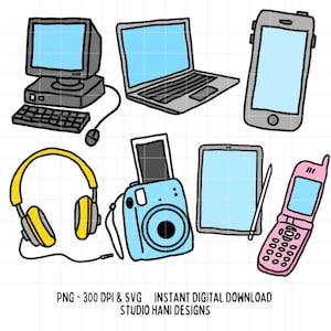 Pode incluir: Um conjunto de ilustrações de dispositivos digitais, incluindo um computador desktop, um laptop, um smartphone, um tablet, uma câmera instantânea, fones de ouvido e um telefone de flip. As ilustrações são desenhadas em estilo cartoon com contornos pretos e cores brilhantes.
