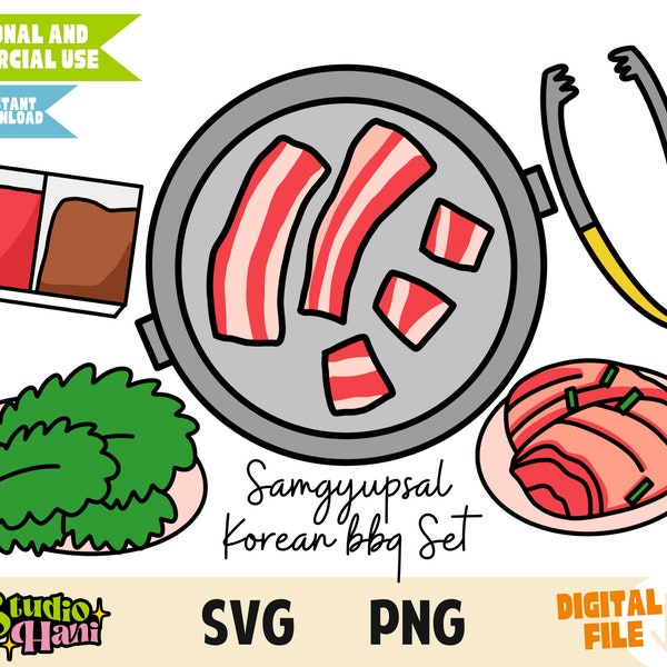 Korean Food SVG PNG Samgyupsal Set Korea BBQ Foodie Grill Barbecue Cut File Cricut Trendy Designs Clipart Illustration Grilled Pork