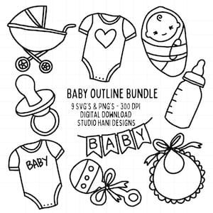 Baby SVG PNG Bundle Doodle Doccia Design Incisione al laser Nuovo nato Nero Bianco Contorno File di taglio Silhouette Uso commerciale Bavaglino digitale