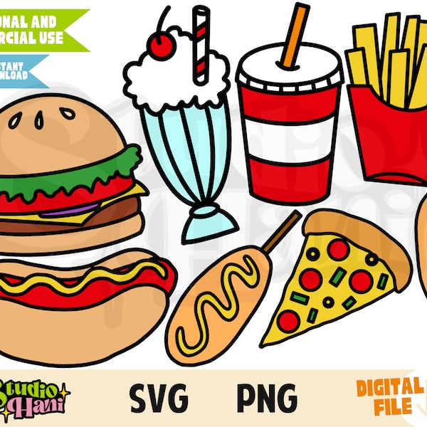 Fast Food SVG PNG Burger Fries Milkshake Corndog Pizza Hotdog Street food Clipart Illustration for T shirts Totebags Stickers Cut File