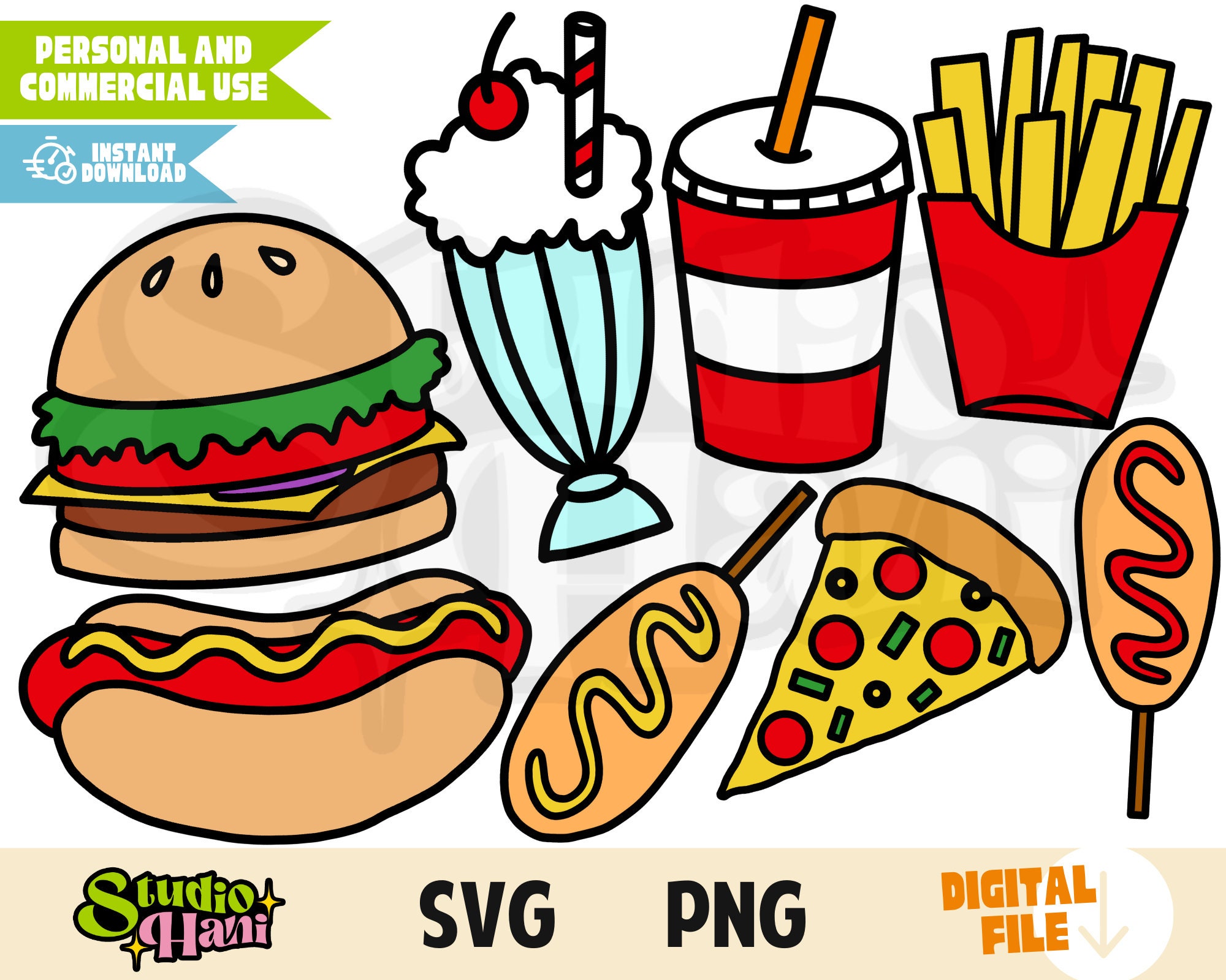 Fast Food SVG PNG Burger Fries Milkshake Corndog Pizza Hotdog Street