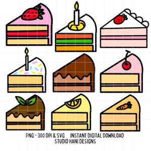 Lot de tranches de gâteau SVG PNG fraise chocolat citron anniversaire coupe fichier Silhouette Cricut Baker tranche de cuisson bougie gâteau aux carottes numérique