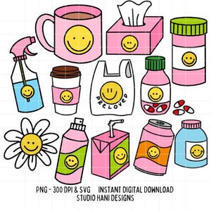 May include: A set of 11 digital clipart images featuring a smiley face theme. The images include a coffee cup, a juice box, a spray bottle, a can of soda, a pill bottle, a tissue box, a bag, a mug, a bottle of pills, a spray bottle, and a daisy.