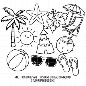 Scarabocchi estivi SVG PNG Bundle Clipart Contorno in bianco e nero Pantofole alla moda Occhiali da sole Cocco Palla da spiaggia File di taglio Cricut Digitale