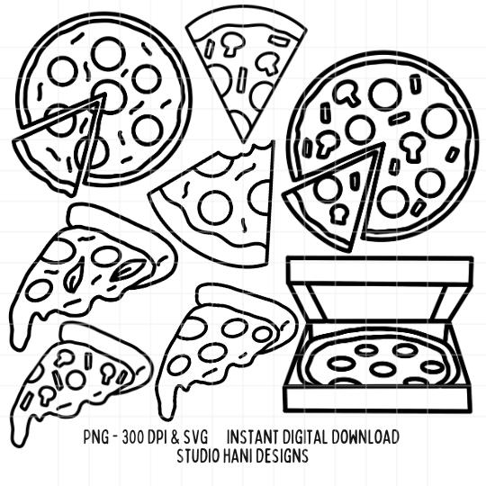 Pizza SVG PNG Bundle Pizzas Slice Box Pepperoni Margarita Cut File Doodle Black and White Silhouette Cut File Digital Download Commercial