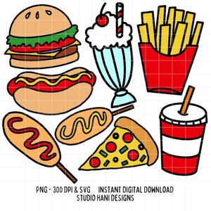 Fast Food SVG PNG Bundle Burger Fries Pizza Hotdog Street food Clipart Illustration T shirts Totebags Stickers Cut File Digital Download