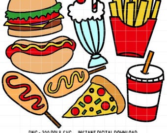 Fast Food SVG PNG Bundle Burger Fries Pizza Hotdog Street food Clipart Illustration T shirts Totebags Stickers Cut File Digital Download