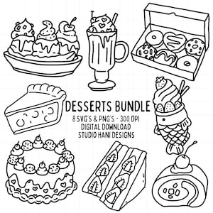Desery SVG PNG Bundle Doodle Donut Box Milkshake Banana Split Pie Roll Sandwich Cake Czarno-biały kontur Wytnij plik Komercyjny cyfrowy