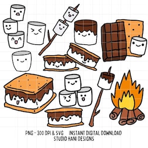 Smores SVG PNG Bundle guimauve Biscuit bois Clipart coupe fichier pour Cricut Silhouette Kawaii mignon chocolat Camping T Shirt numérique