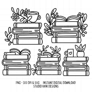 Books Stack PNG SVG Whimsical Doodles Plants Flowers Outline Black and White Cut File for Cricut Silhouette Commercial Plants Digital