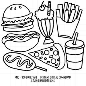 Fast Food SVG PNG Pommes Milchshake Pizza Cola Pommes Burger Cut Datei Silhouette Cricut Umriss schwarz und weiß für T-Shirts Digital Download