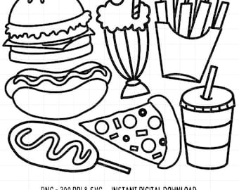 Fast Food SVG PNG Fries Milkshake Pizza Cola Fries Burger Cut File Silhouette Cricut Outline Black and White for T shirts Digital Download