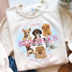 Paquetes peludos de felicidad Y2k PNG Amantes de los perros retro Lindos perros Clipart Cachorros de moda Diseño Camiseta Sudadera Taza Pegatina Digital