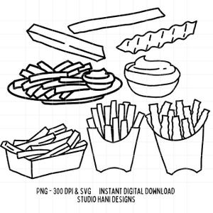 Papas fritas SVG PNG Garabatos Clipart Contorno Ilustración en blanco y negro Ketchup Archivo de corte para silueta Cricut Fry Uso comercial Digital