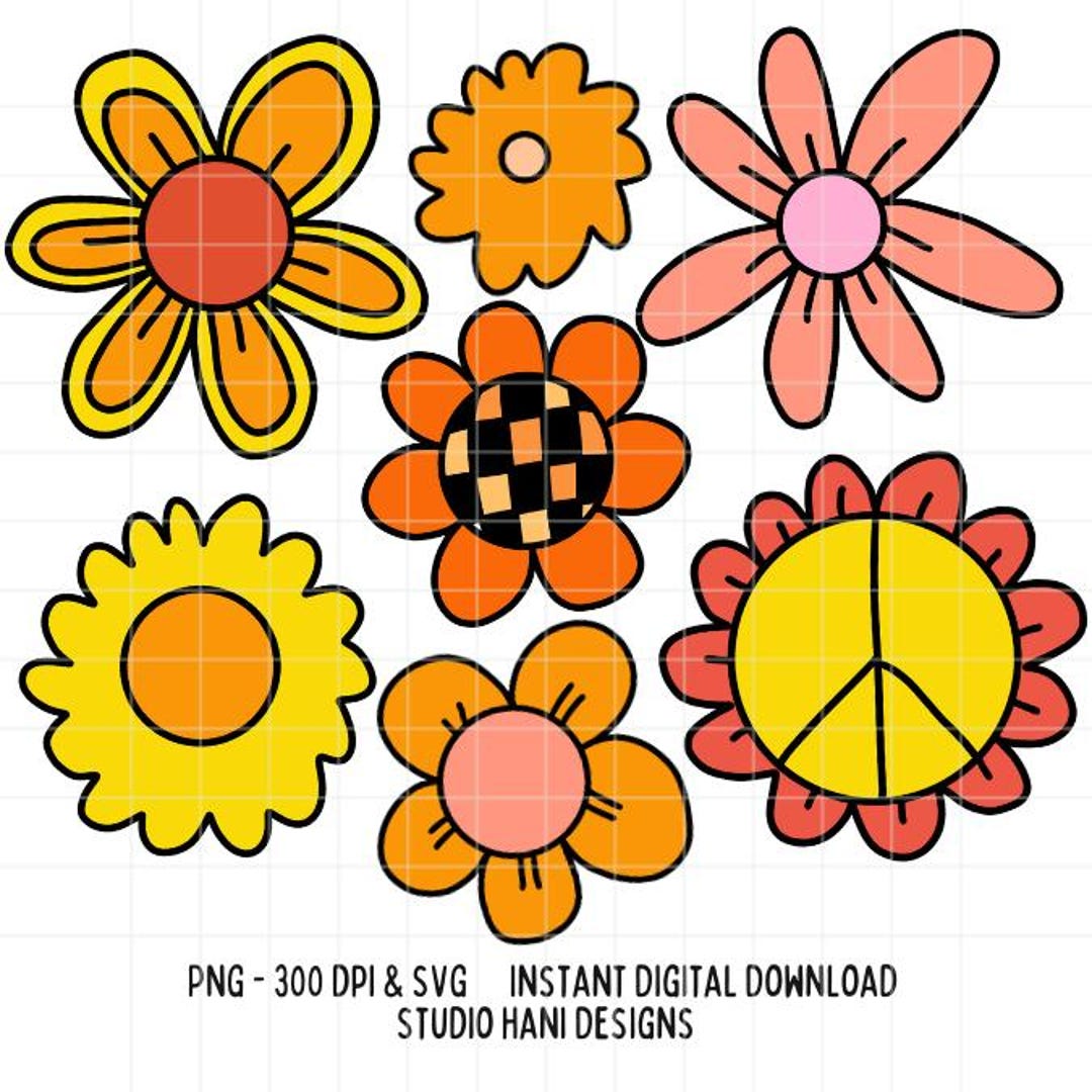 Retro Flowers SVG PNG Bundle Groovy Hippie Y2K Flower Floral Doodle ...