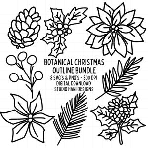 May include: A set of eight black and white outline illustrations of botanical Christmas elements, including holly, poinsettia, pine branches, and pinecones. The text "Botanical Christmas Outline Bundle" is included in the image.