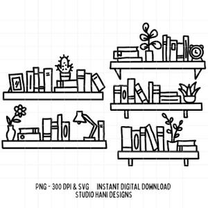 Book Shelves SVG PNG Bundle eps dxf Doodle Clipart Books Shelf Illustration Outline Black and White Cut File for Silhouette Cricut Plants