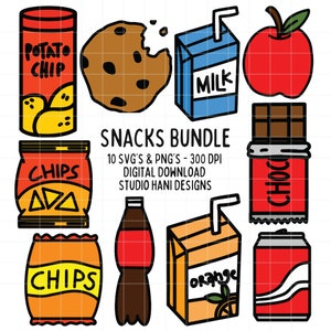 Snacks SVG PNG Paquete Doodle Escuela Comida Cafetería Chips Galleta Cola Leche Patata Soda Comida Cortar Archivo Cricut Silueta Uso Comercial Digital