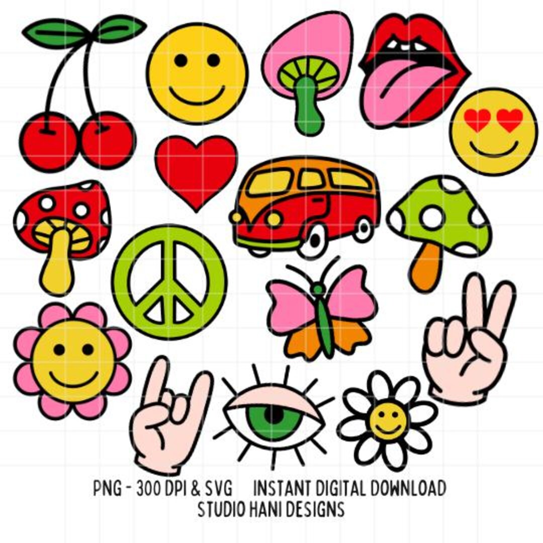Hippie Groovy SVG PNG Bundle Cut File Lips Hippie Boho Smile Peace ...