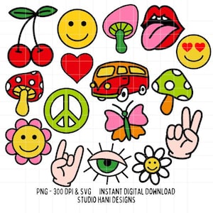 Hippie Groovy SVG PNG Bundle Cut File Lips Hippie Boho Smile Peace Retro Cricut Digital Download File Clipart Commercial Use