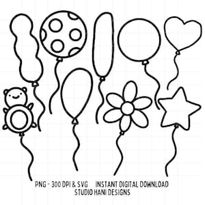 Ballon SVG PNG Party-Elemente Umriss Schwarzweiß Cricut Silhouette Cut-Datei Ballons Digitaler Download Kommerzielle Nutzung