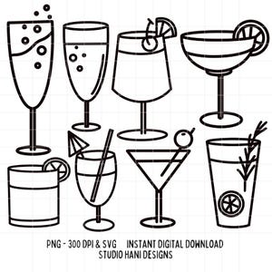 Cocktail SVG PNG Bevande Festa Gin Vodka Margarita Champagne Mocktail Mojito Bianco e Nero Contorno File di Taglio Cricut Silhouette Digitale