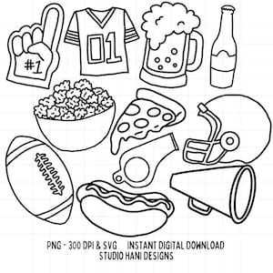 Super Bowl SVG PNG eps dxf Doodles Clipart Bundle Black and White Outline Commercial Use Cut File for Cricut Silhouette Jersey Pizza Digital