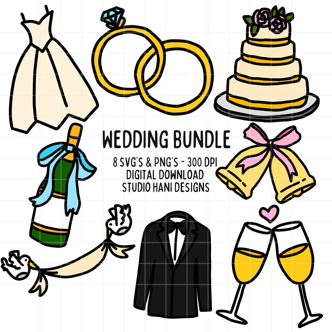 Wedding SVG PNG Bundle Doodle Cake Bells Gown Rings Wine Groom Bride ...