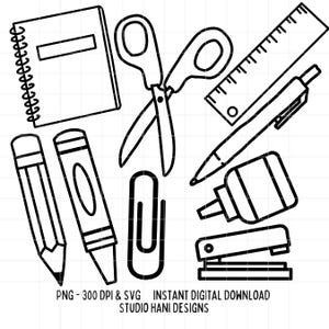 Papelarias SVG PNG Contorno Preto e Branco Canetas Caderno Material Escolar Lápis de Cor Caneta Tesoura Clipart Arquivo de Corte Silhueta Cricut Digital