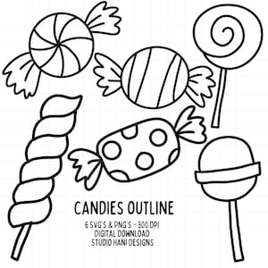 Könnte beinhalten: Ein Satz von sechs Schwarzweiß-Outline-Illustrationen verschiedener Arten von Süßigkeiten, darunter ein Lollipop, ein Spiral-Bonbon, ein Zuckerrohr, ein verpacktes Bonbon, ein Bonbon mit Punkten und ein gedrehtes Bonbon. Der Text "CANDIES OUTLINE" steht unter den Bildern.