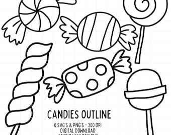 Candies SVG PNG Bundle Doodle Black and White Outline Clipart lollipop CandyTreats Cut File Silhouette Commercial Use Digital Download