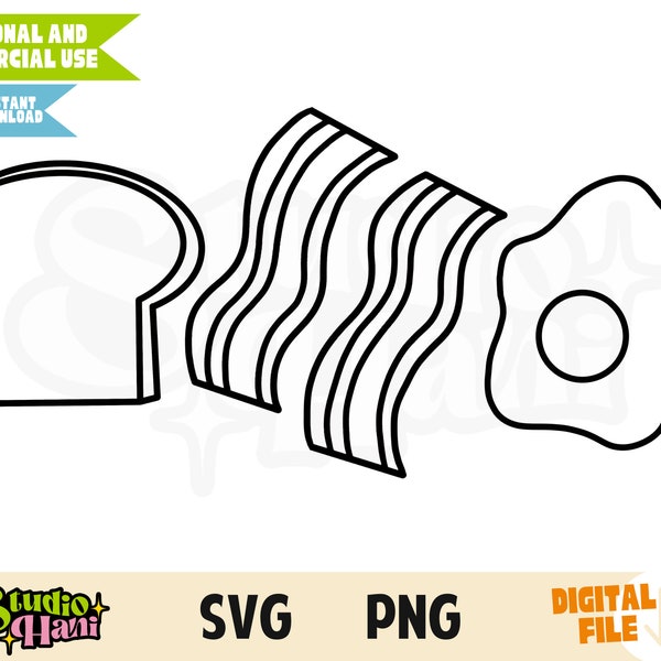 Bacon Egg Toast SVG PNG Black and White Outline Breakfast Bread Trendy Design Clipart Illustration