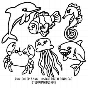 Süße Meeresbewohner SVG PNG Bundle Doodle Schwarzweiß Umriss Seepferdchen Krabbe Qualle Hai Delphin Schnittdatei Silhouette Cricut Digital
