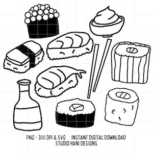 Sushi SVG PNG Bundle Outline Black and White Japanese Food Wasabi Roll Cut File for Silhouette Cricut Sashimi California Maki Nigiri Digital