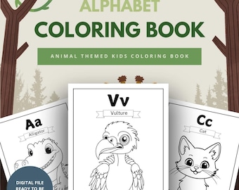 子供向け動物アルファベットぬり絵本 | 楽しく学べる A-Z アクティビティブック | 印刷可能な英語学習ワークブック | デジタルぬり絵ページ