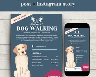 ドッグウォーカー向けCanvaテンプレートバンドル – ペットシッターや犬の散歩広告用の編集可能なチラシ、Instagram投稿、ストーリーテンプレート