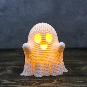 Adorable "Crocheted" Ghost w/Tea Light - Spooky Halloween Decoration - 3D Printed ghost with flickering battery power light included.