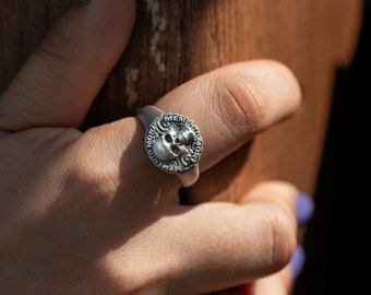 Oxidized Sterling Silver Memento Mori Skull Ring: Goth Biker