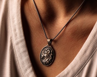 Maned Lion Handmade Sterling Silver Men Necklace, Lion Zodiac Sign Silver Men Jewelry, Lion Silver Pendant with Chain, Mother&#39;s Day Necklace