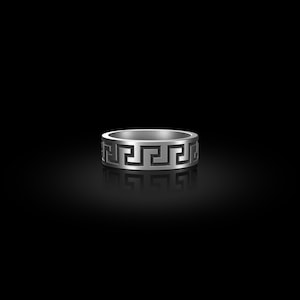 Oxidized Sterling Silver Greek Key Ring: Ancient Meander Band